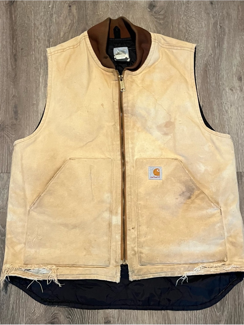 Carhartt Tan Duck Work Vest with Brown Rib Collar